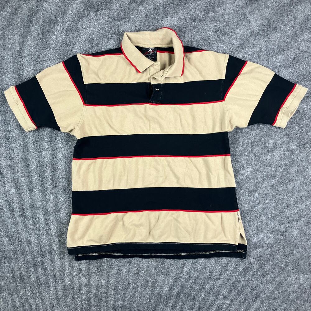 Buda Bean Polo‎ Mens Size L Tan Black Red Rugby Stripe Casual Streetwear 90s